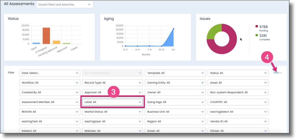 All Assessments page showing the Search by label filter field