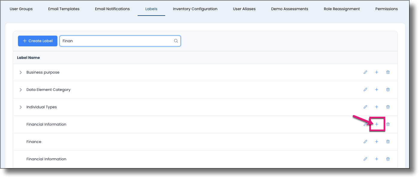 Labels page showing the plus icon to the right of a label for creating a child