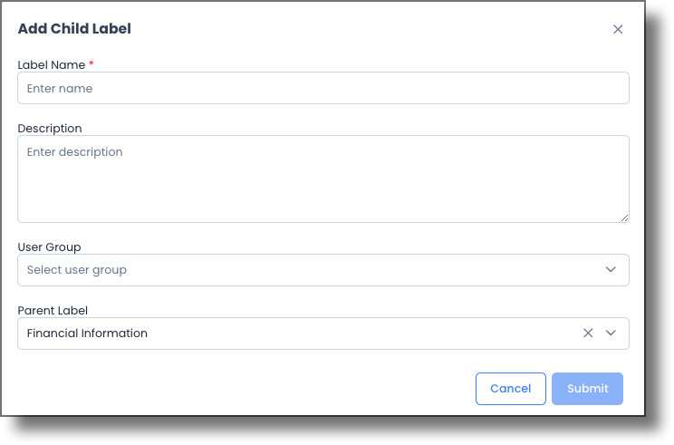Add Child Label modal showing name, description, user group, and parent label fields