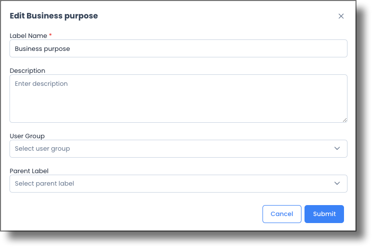 Edit label modal showing the label name, description, user group, and parent label fields