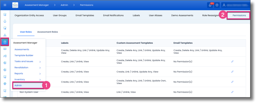 Left navigation showing the path to Admin and Permissions