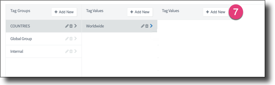 Worldwide Tag expanded to show the empty child tag list