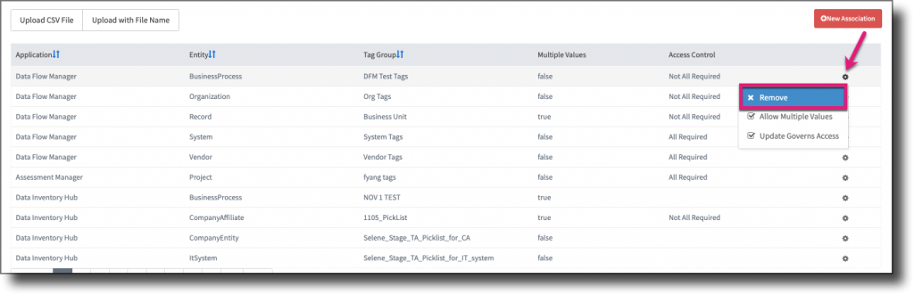 Associations page showing the settings icon context menu with the Remove option