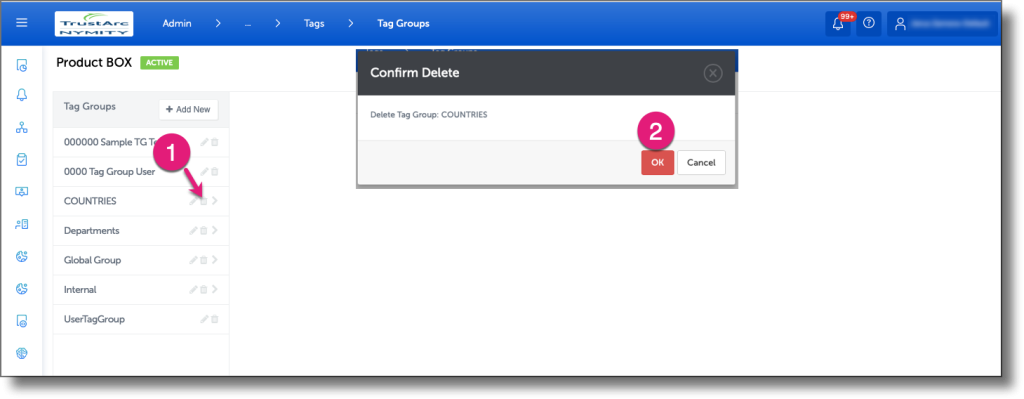 Tag Group list with Delete button and confirmation dialog