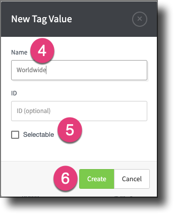 New Tag Value form showing name field and Selectable checkbox