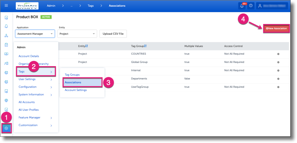 Admin navigation showing the path to Tags and Associations