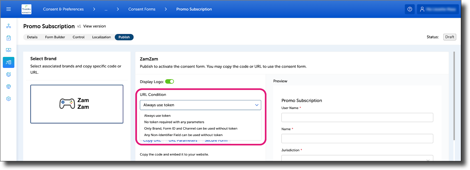 URL Condition section on Publish page