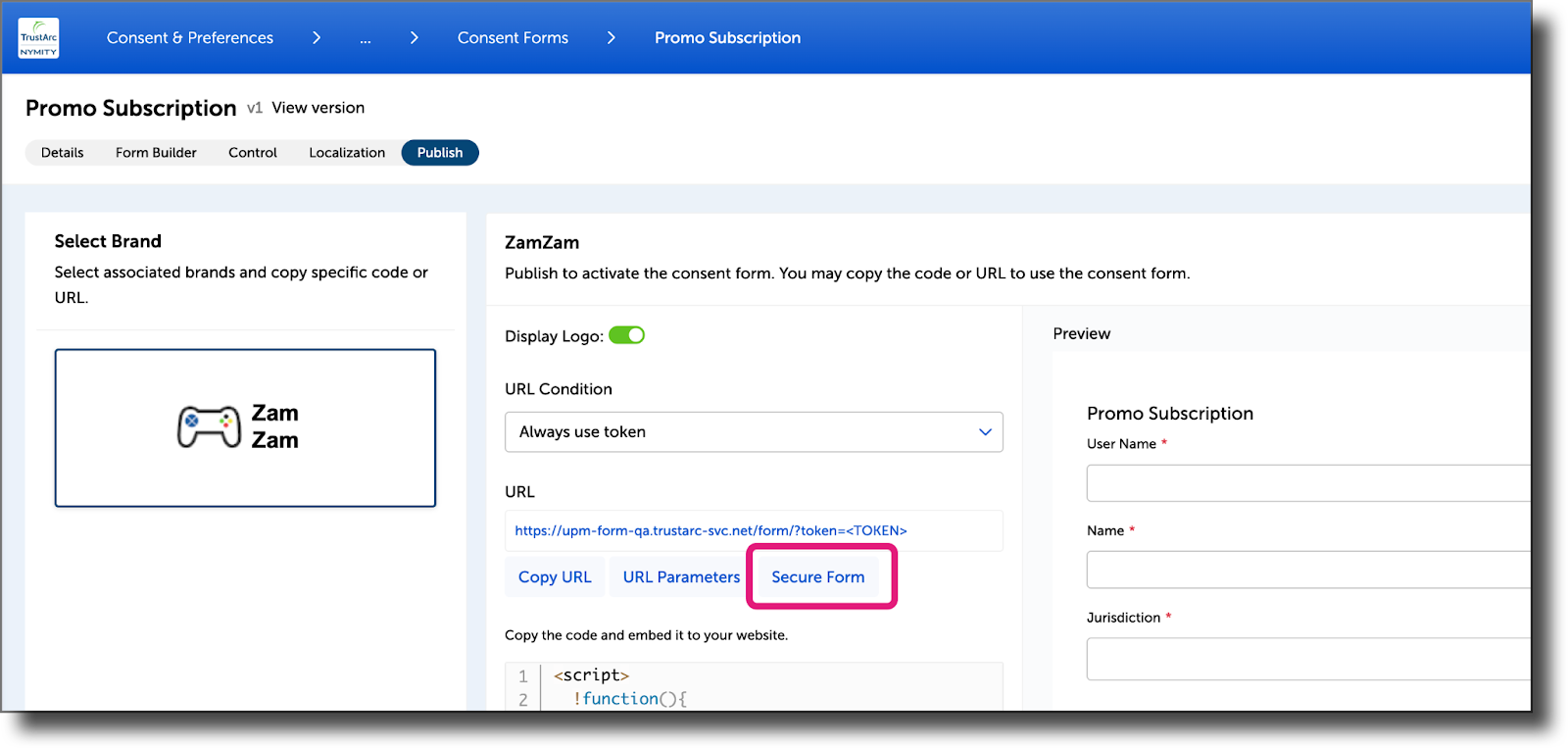 Secure Form example tokenized URL parameter