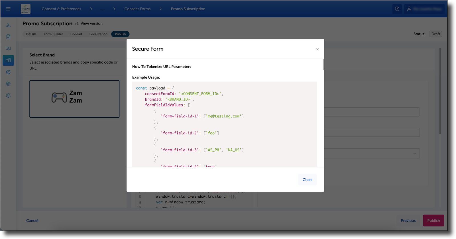Tokenize params API request example