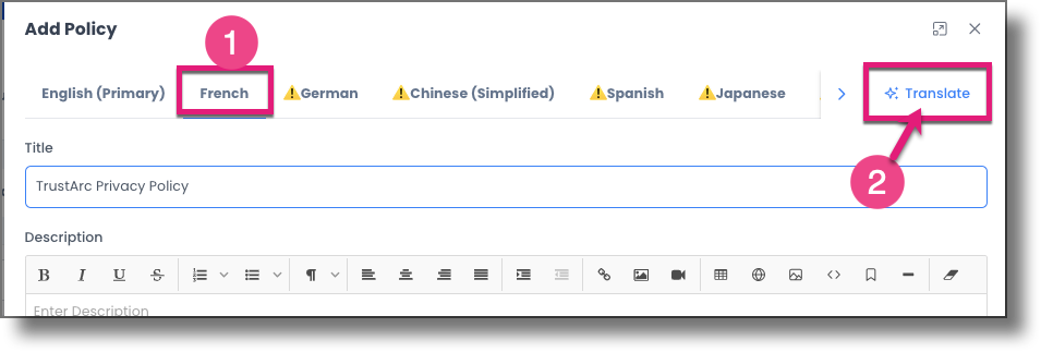 Shows how to translate Policy content into French.