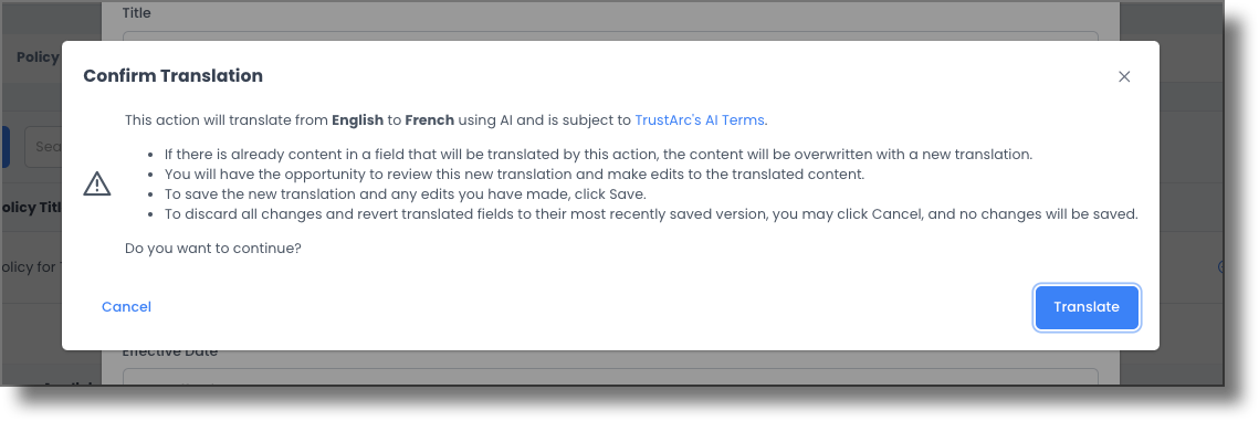 Shows the Translate confirmation message.