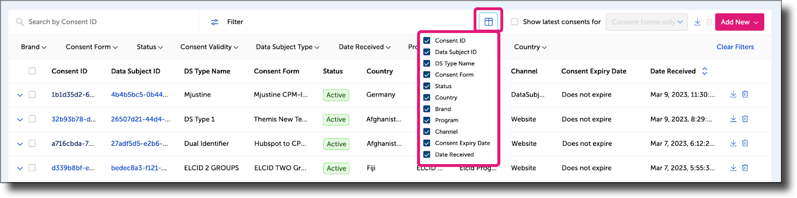 Configure Columns drop-down with field checkboxes