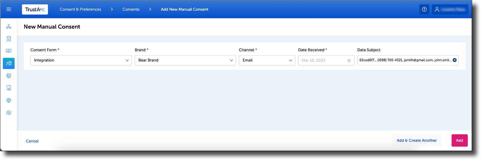 Manual consent field drop-down menus