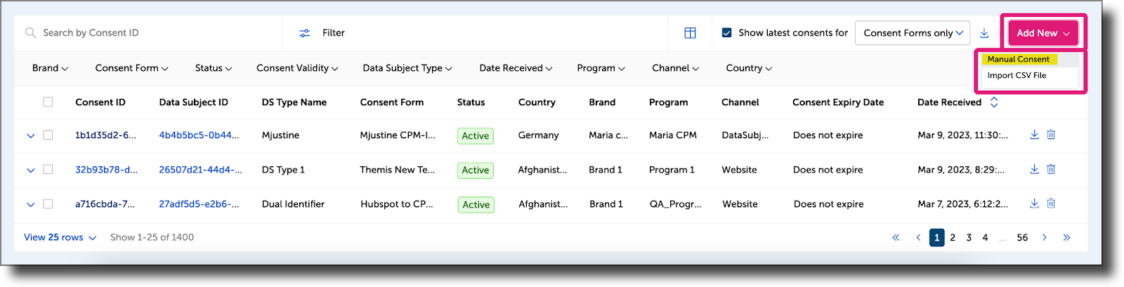 Add New button and Manual Consent option