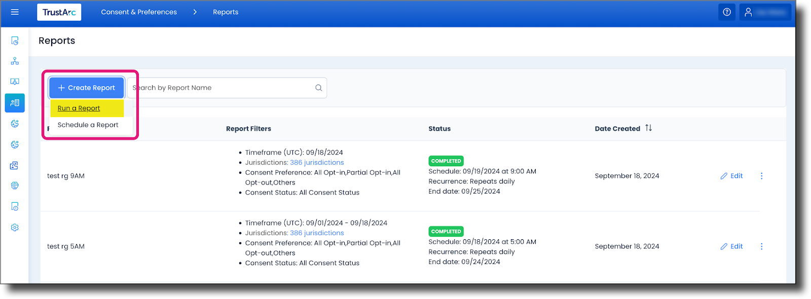 Create Report button in the Reports menu