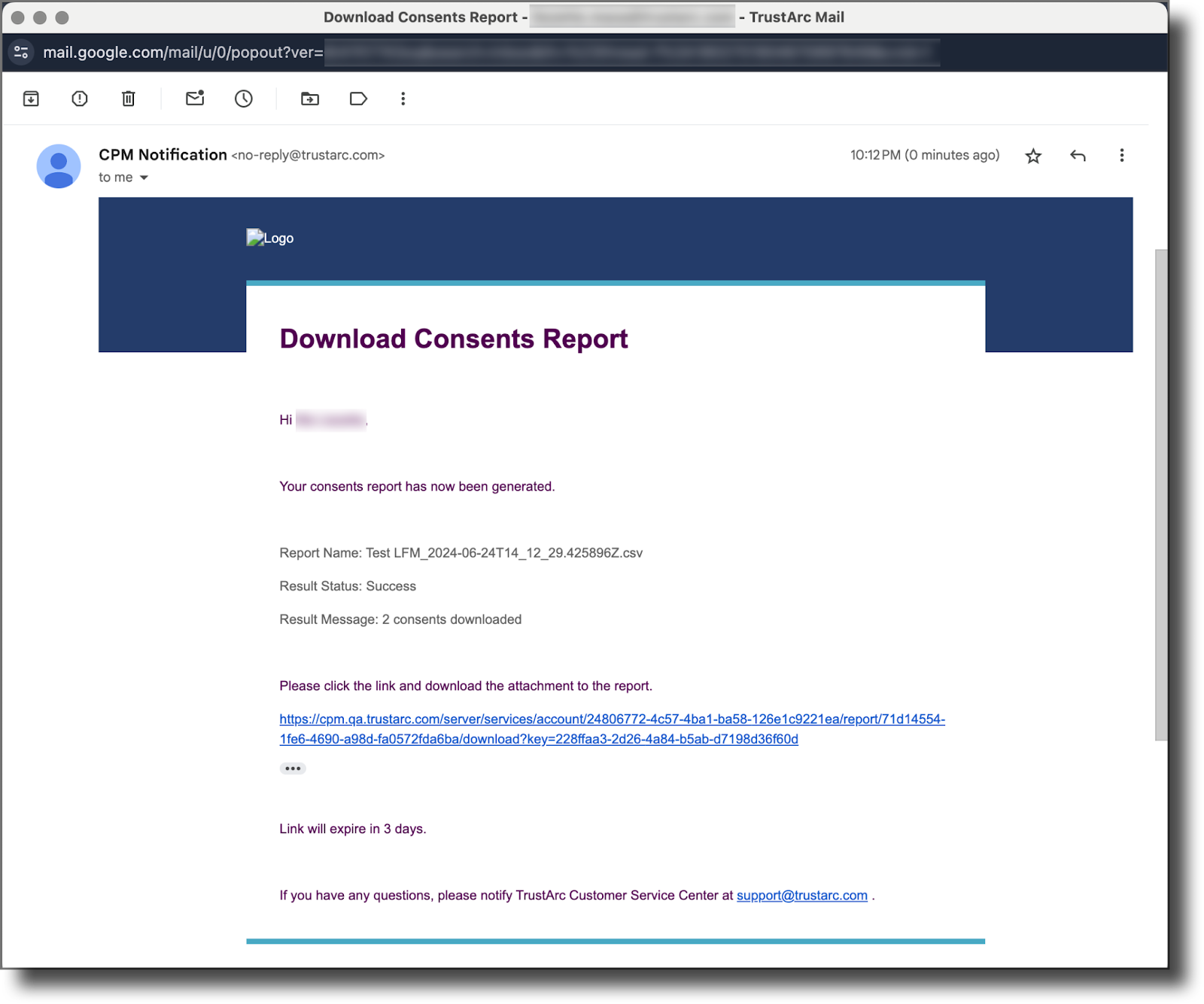 Sample email notification with report download link