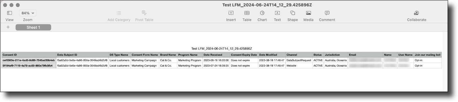Sample CSV file output
