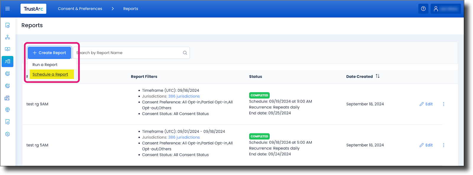 Schedule a Report option in the Create Report menu