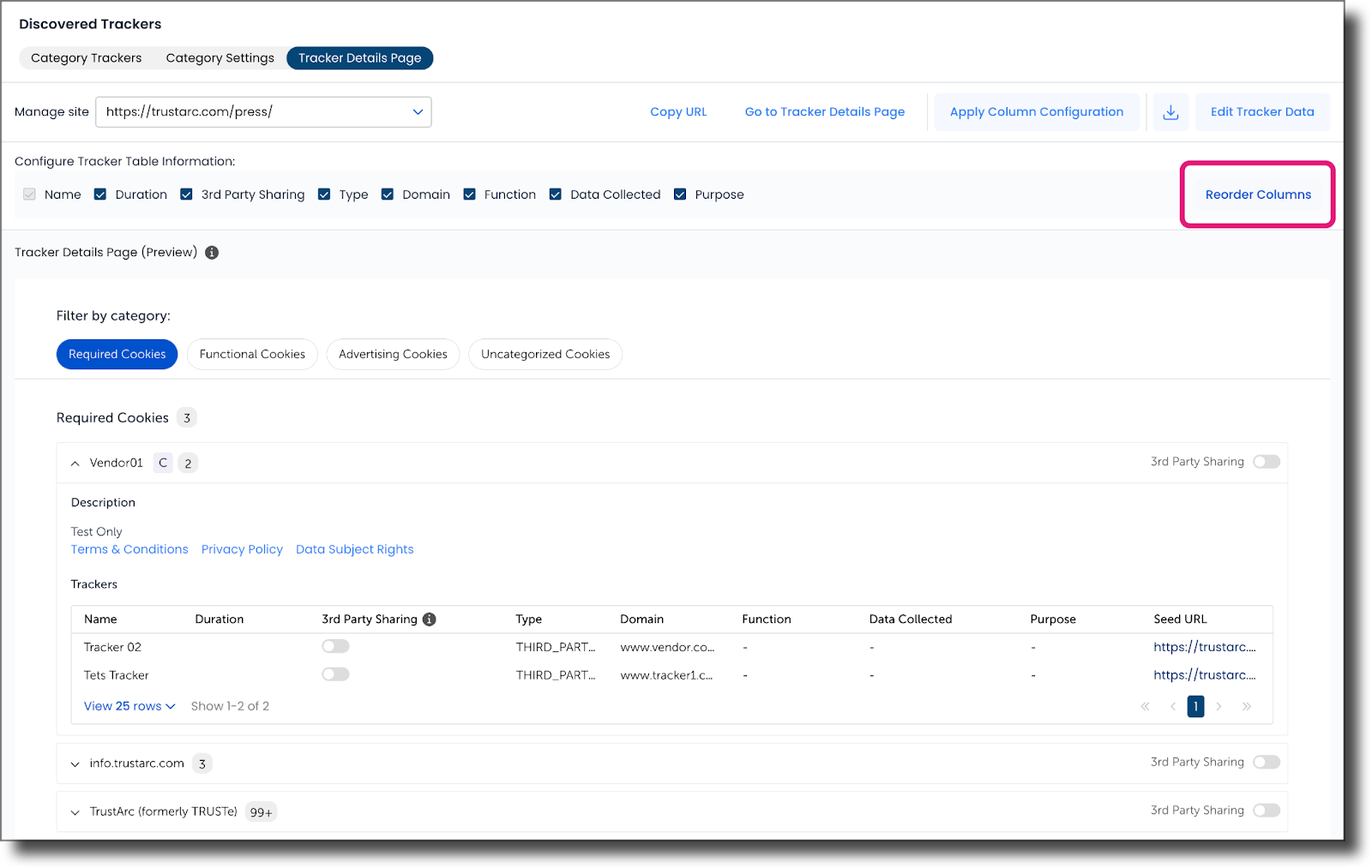 Reordering the Tracker Column – TrustArc Help Center