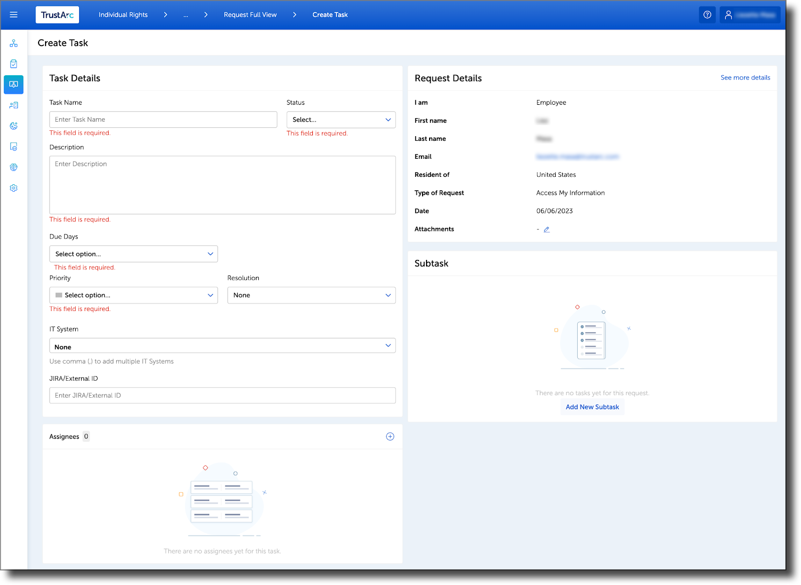 Creating Tasks for the Request – TrustArc Help Center