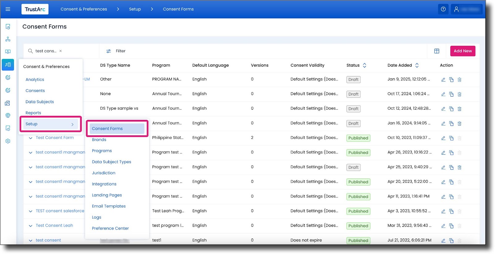 Consent and Preferences Manager navigation panel showing Setup and Consent Forms options
