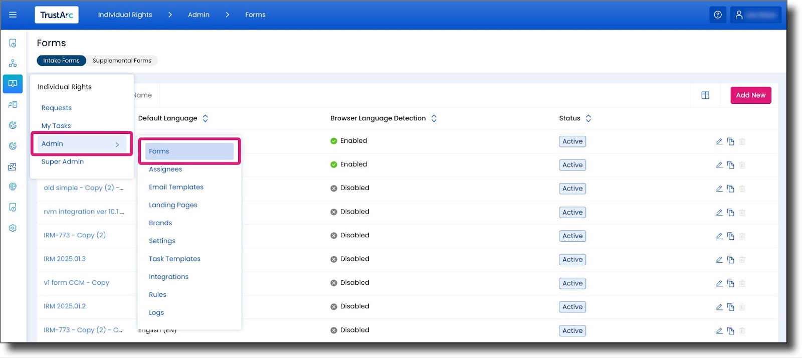 Individual Rights Manager navigation panel showing Admin and Forms options
