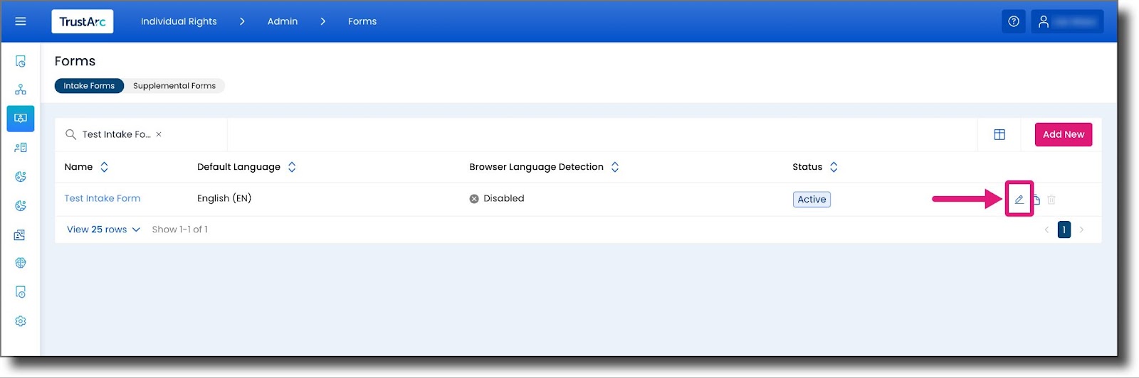 Intake Forms list showing Intake Form Name and Edit button