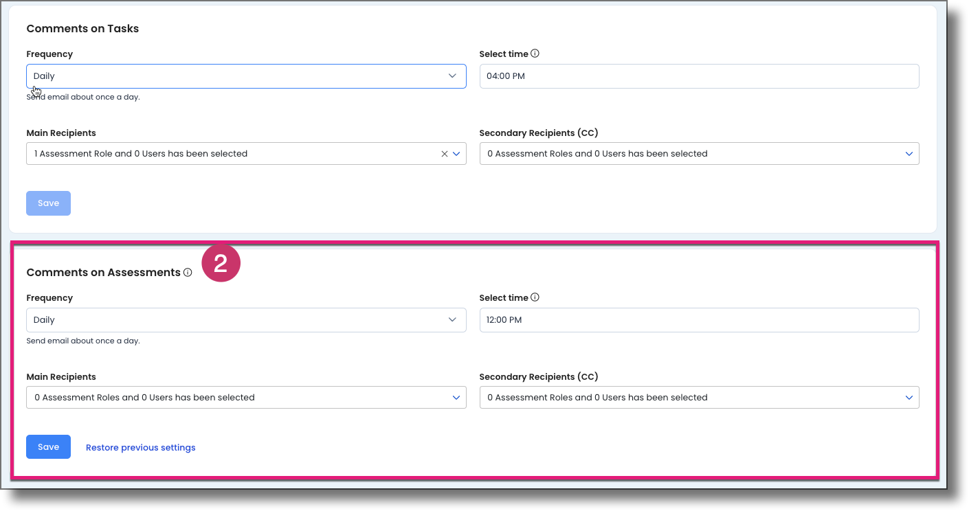 Account Configurations tab showing the Comments on Assessments section