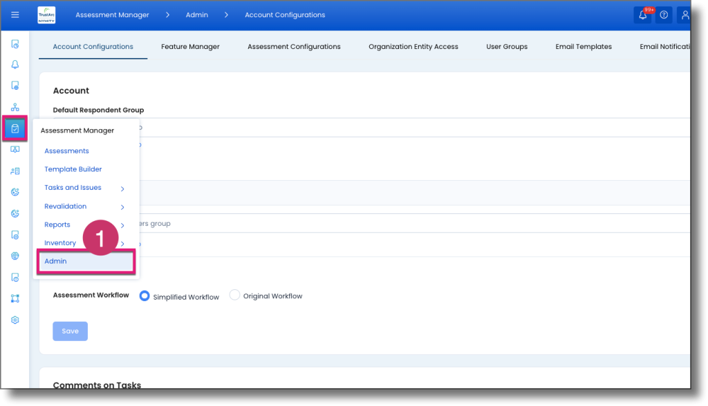 Left navigation showing the path to the Admin section