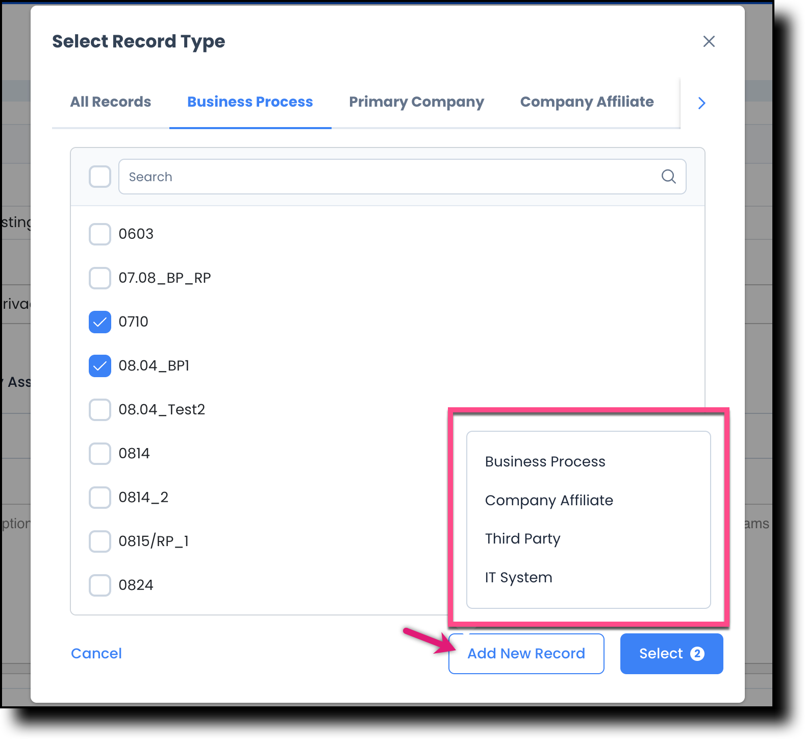 Record to Assess field showing the Add New Record option and record type selection