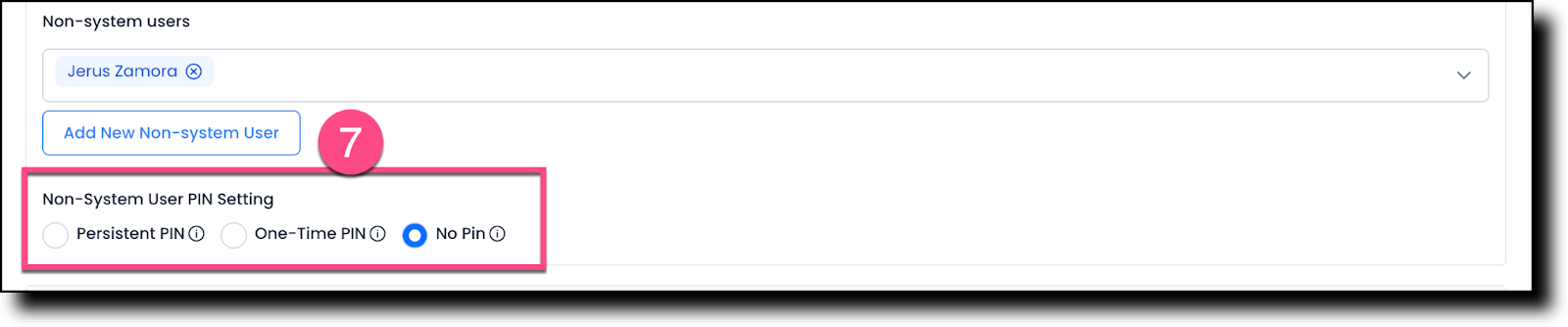 Non-System User PIN Setting field