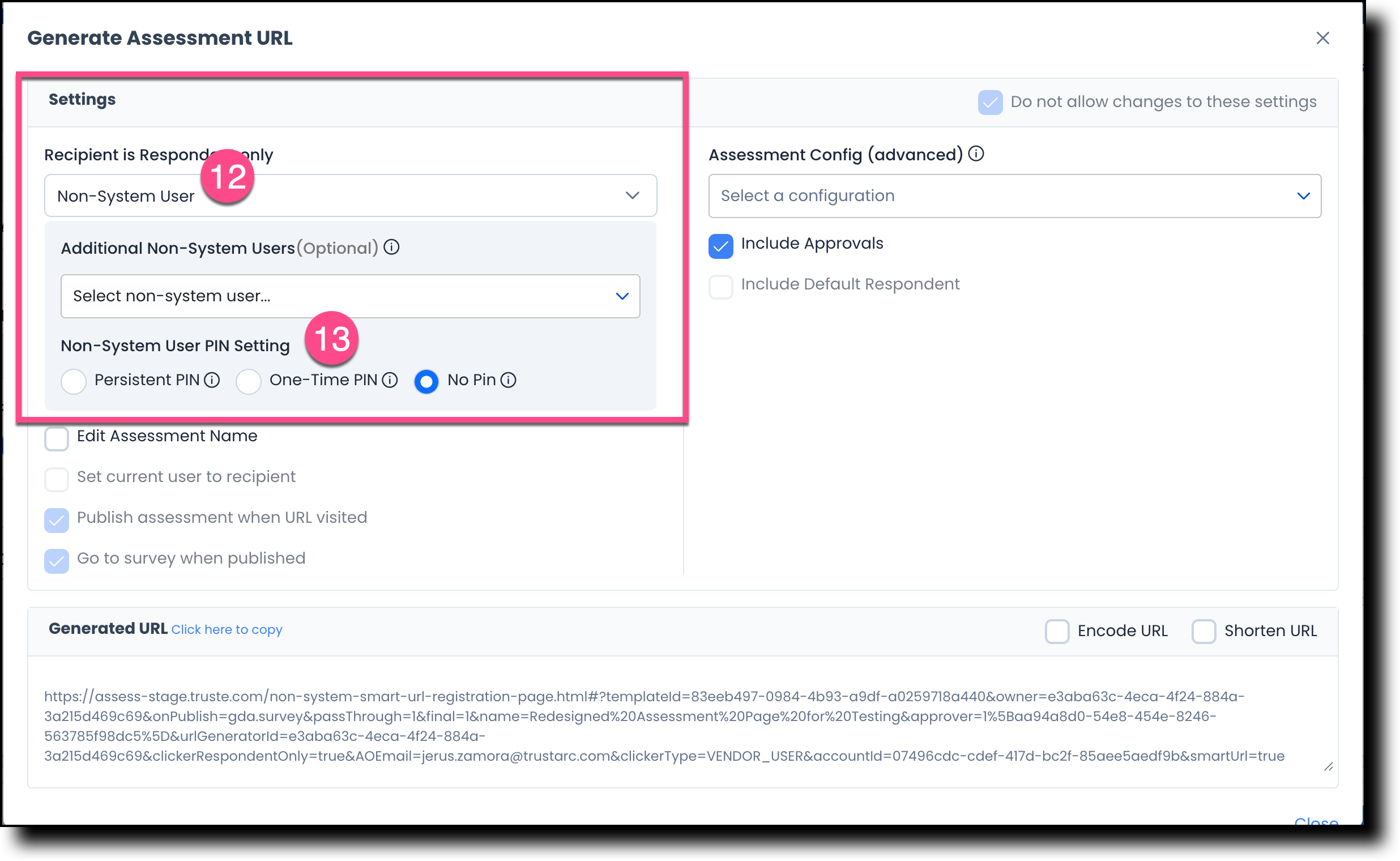 Recipient is Respondent Only setting showing Non-System User and PIN options
