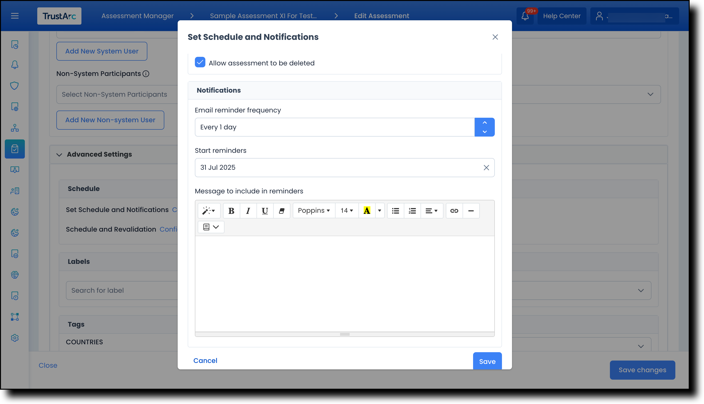 Set Schedule and Notifications modal showing the Message to include in reminders field