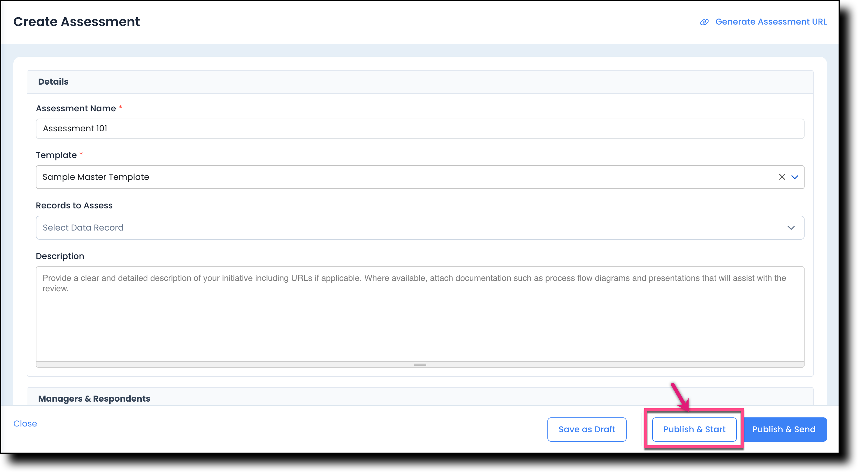 New Assessment page showing the Publish and Start option
