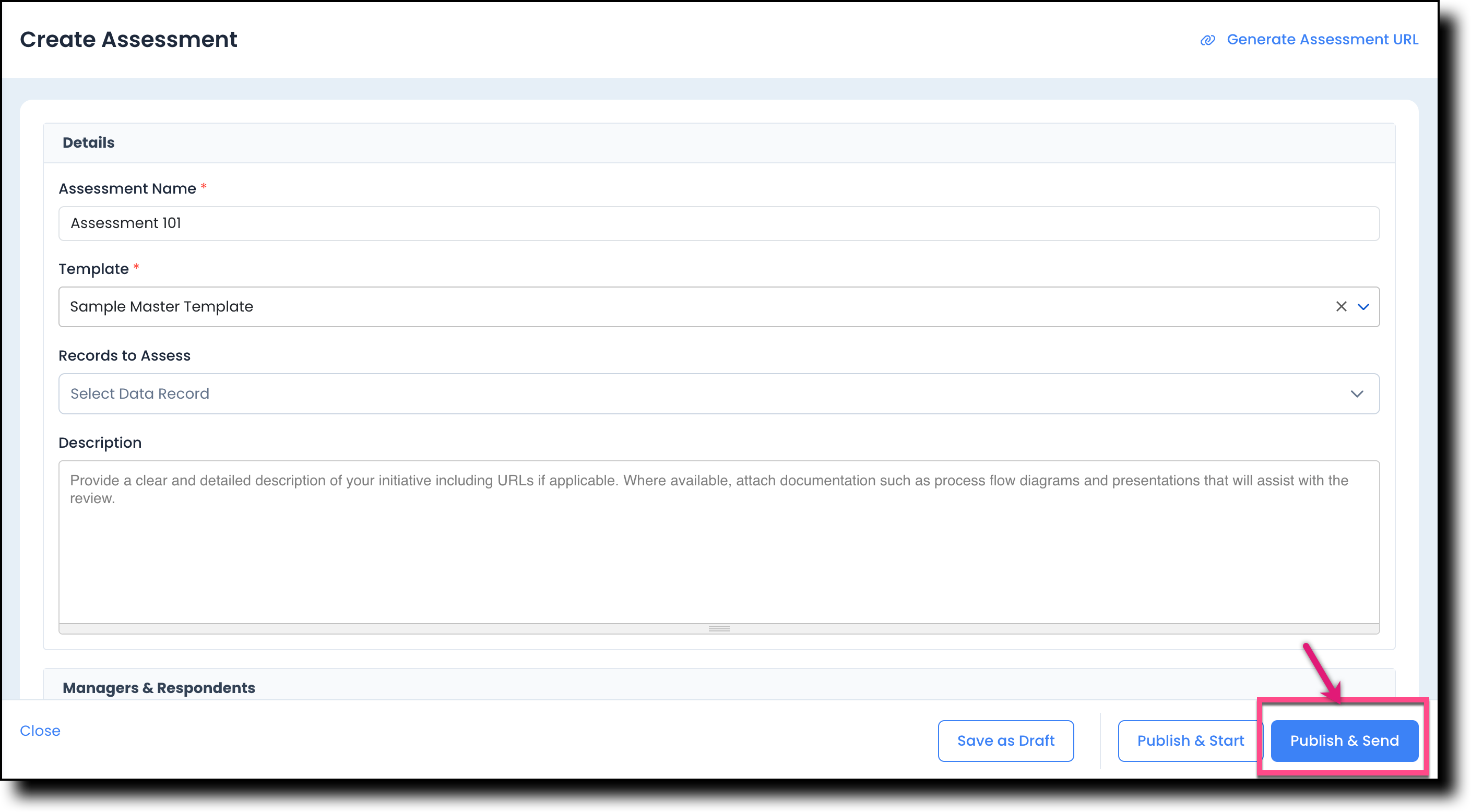 New Assessment page showing the Publish and Send button in the bottom-right corner
