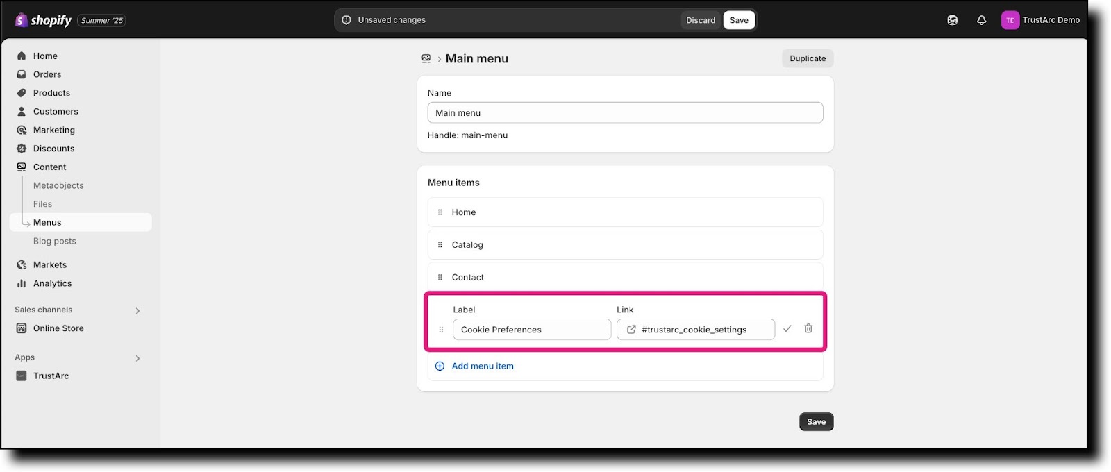 Menu item Label and Link fields