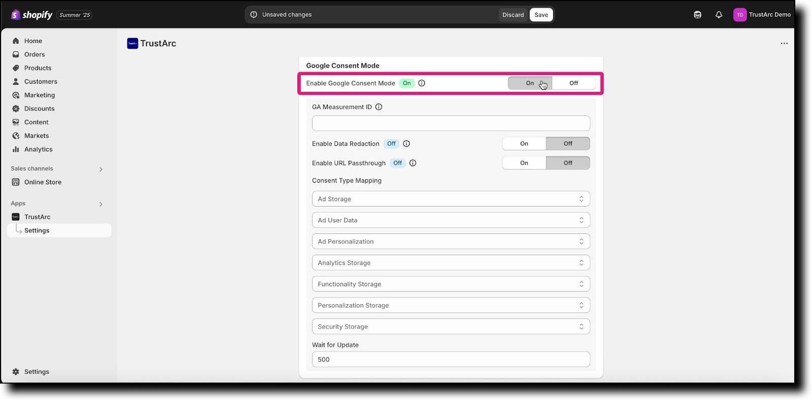 Enable Google Consent Mode toggle