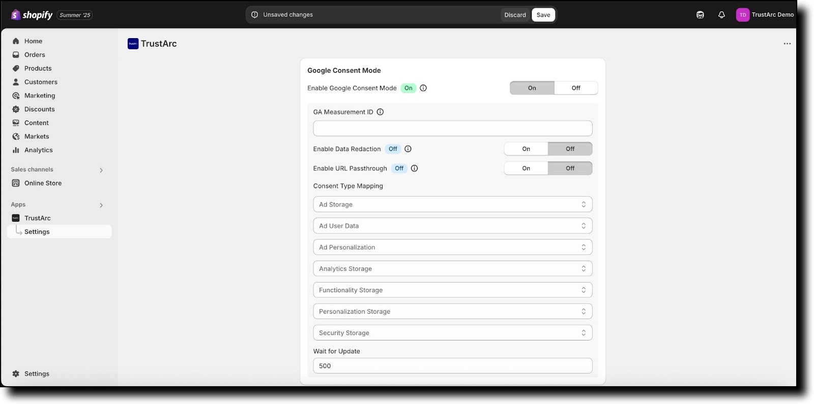 Google Consent Mode configuration fields