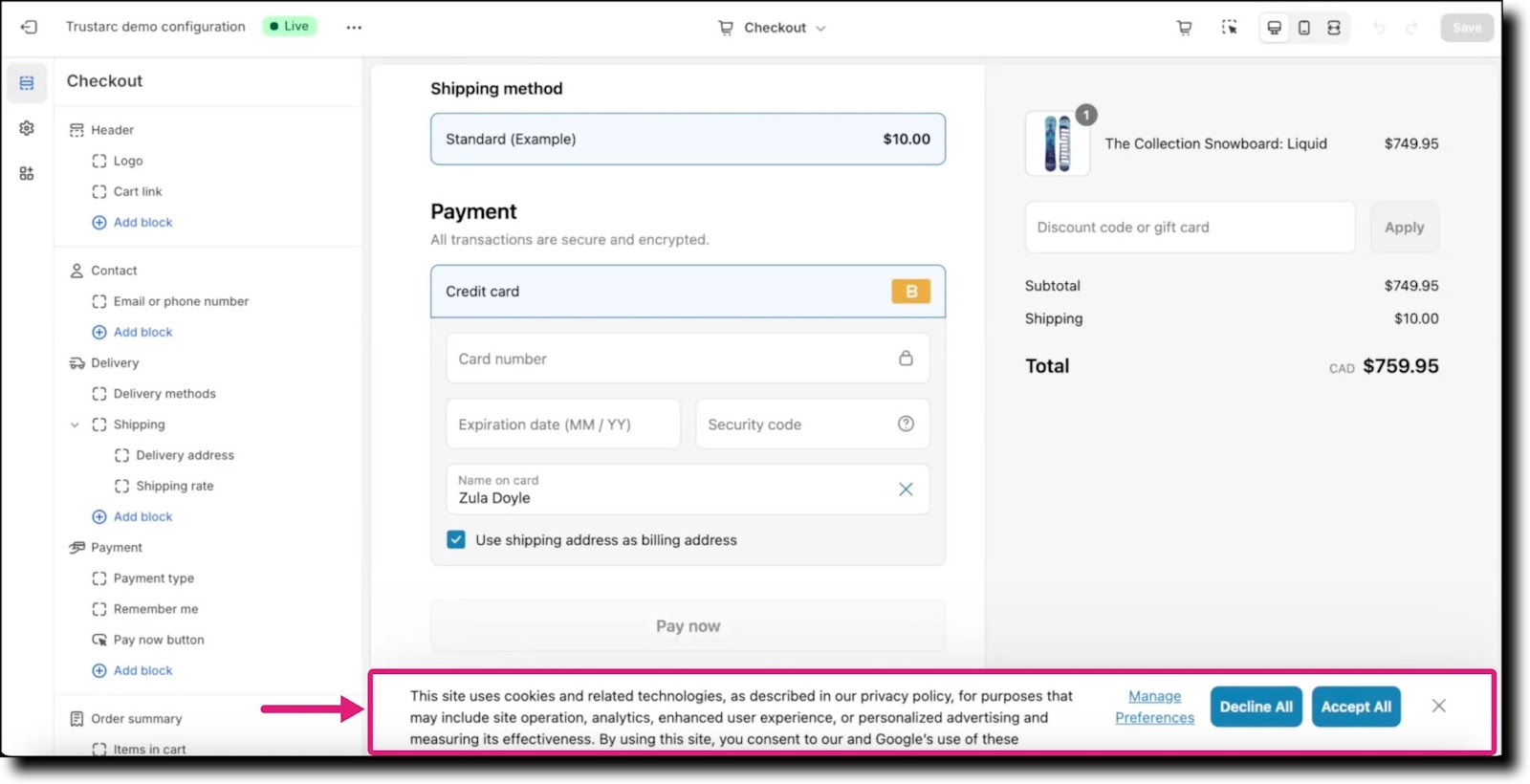 Cookie banner in online store footer
