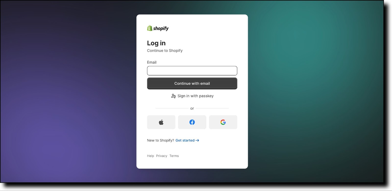 Shopify login screen