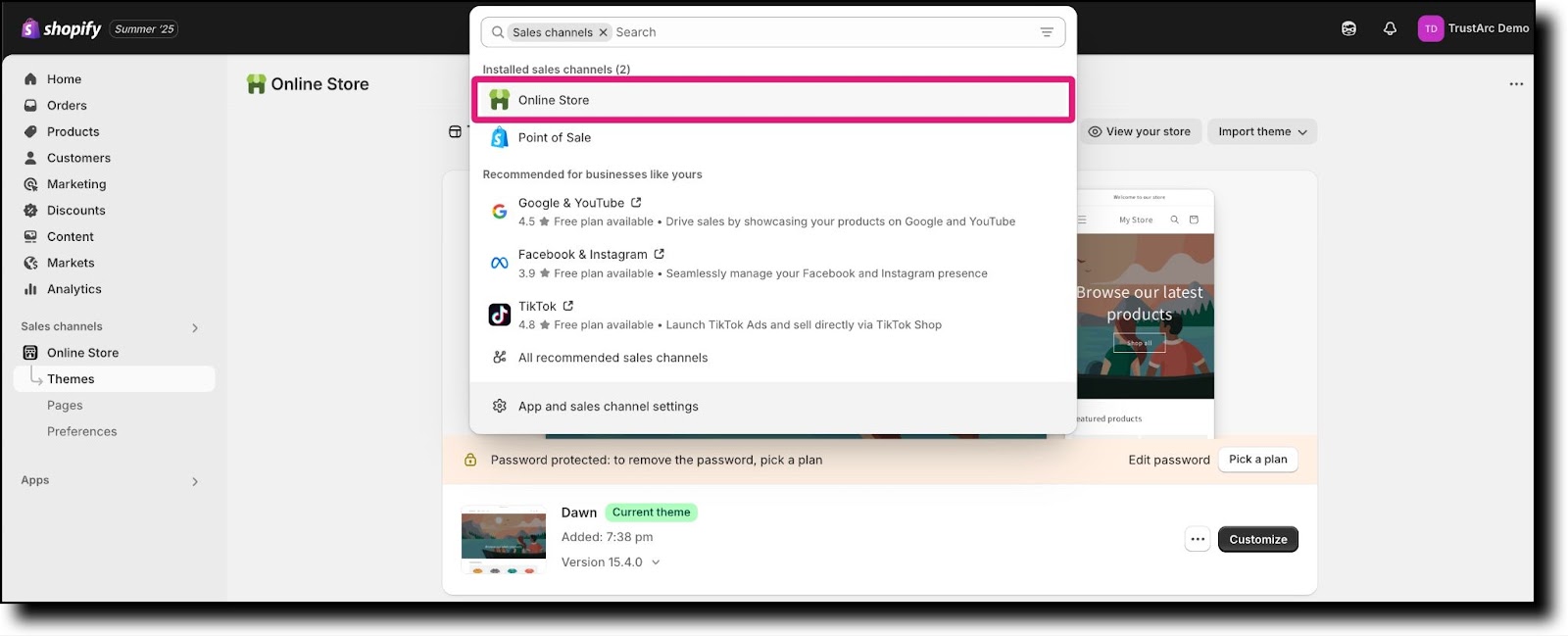 Search bar for Online Store in installed channels