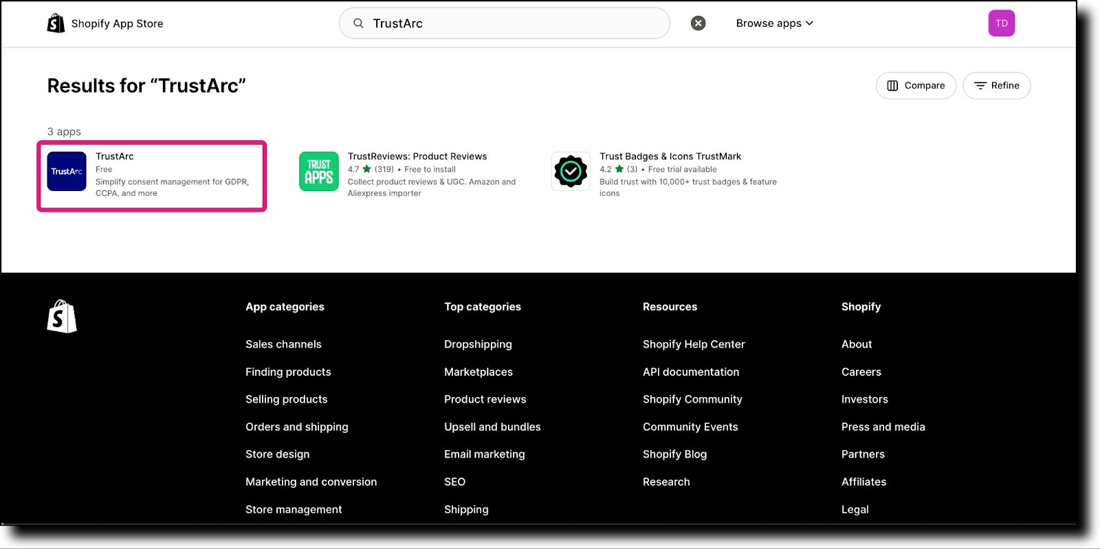 TrustArc in Shopify App Store search results