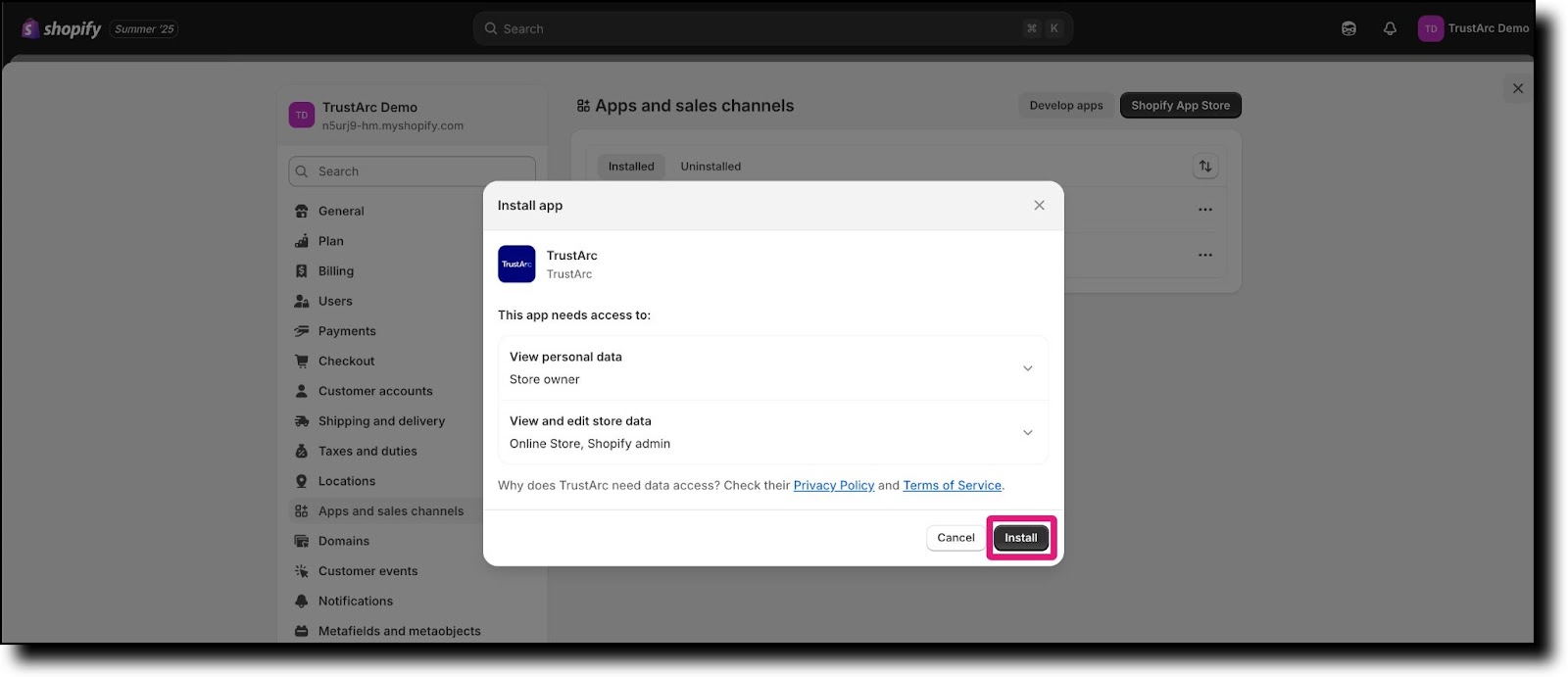 TrustArc app installation confirmation