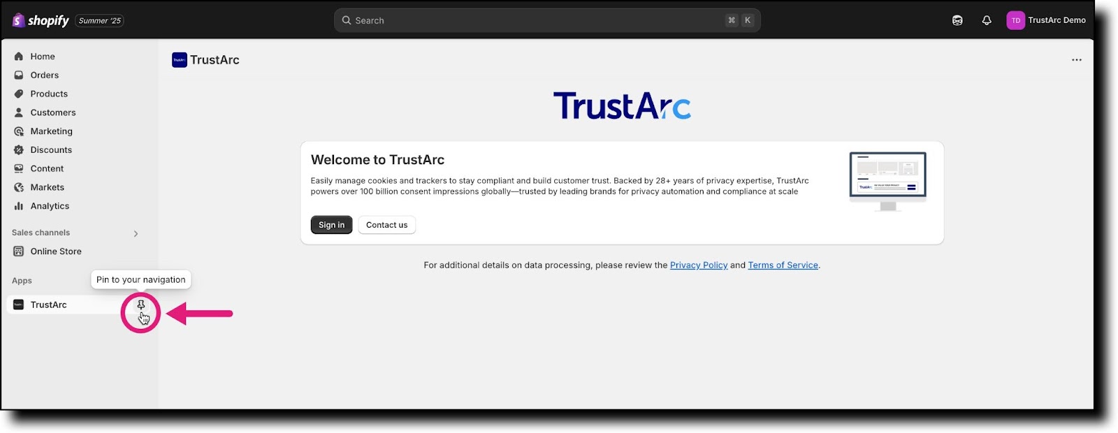 Pin TrustArc app for quick access