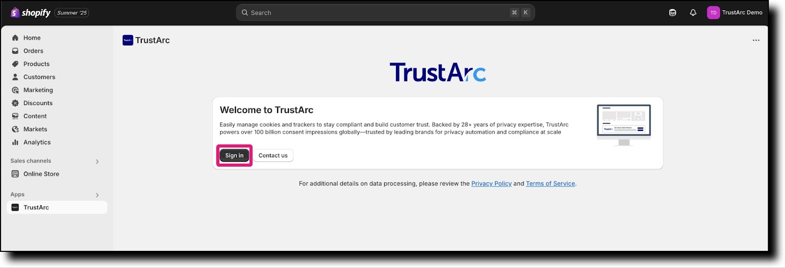 TrustArc landing page Sign in button