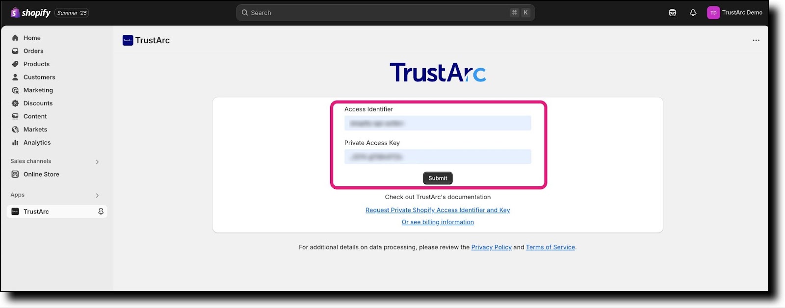 Access Identifier and Private Access Key fields