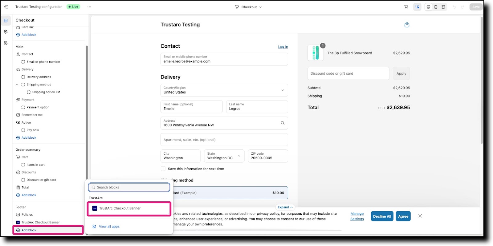 Add block menu with TrustArc Checkout Banner option
