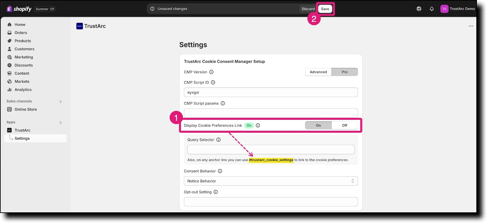 Display Cookie Preferences Link toggle and Save