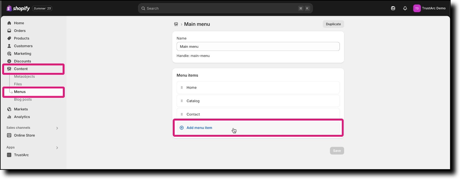 Content Menus Add menu item