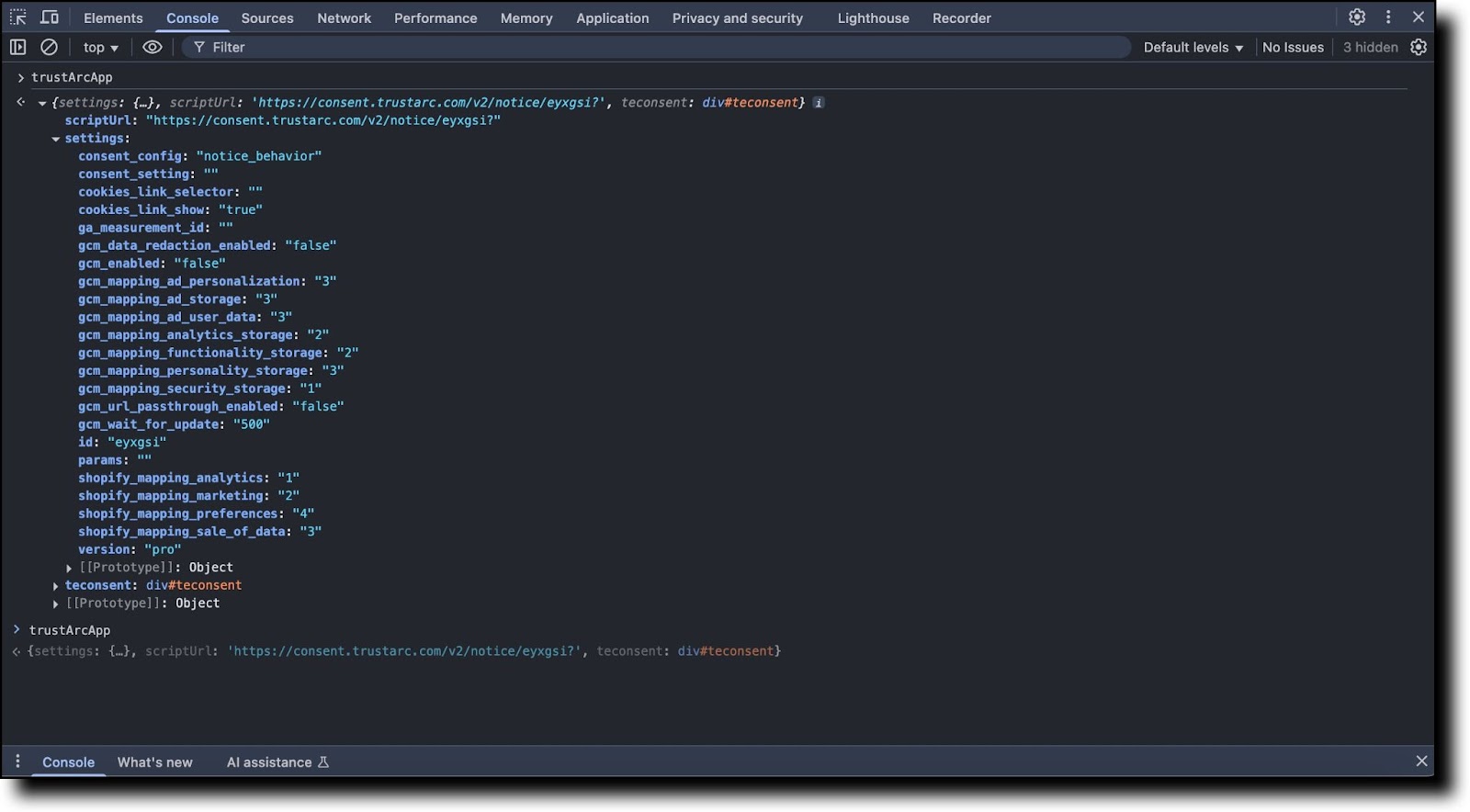 Browser console showing trustArcApp